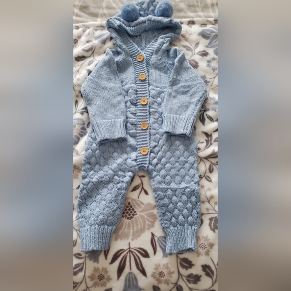 Blue Knit Baby Onsie Sweater with Wooden Buttons - Picture 1 of 1